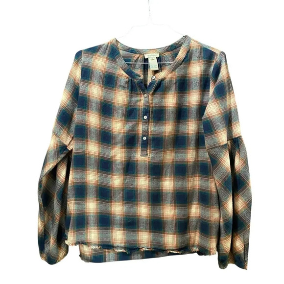 Sundance Dreamer Plaid Henley Raw Hem Flannel Top Size Medium - Picture 2 of 5